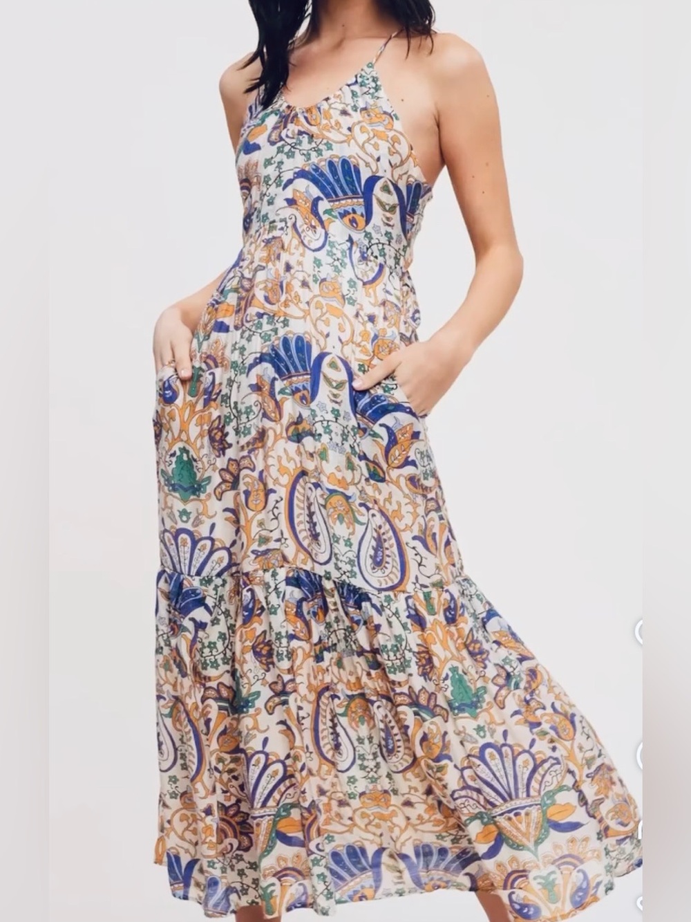 NEW Cream Paisley Halter Maxi Dress with Blue & Green Accents